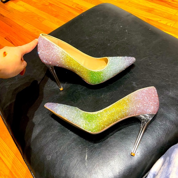 Danyah Pump Embellish Rhinestone Crystal Colorblock Rainbow Neon Clear Stilettos - Picture 2 of 15